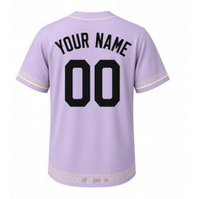 Load image into Gallery viewer, Honey Bee Hive Milwaukee Baseball Jersey in Lavender Bloom, back view with your name and number – custom block name and number with hexagon-stripe sleeves