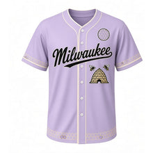 Load image into Gallery viewer, Honey Bee Hive Milwaukee Baseball Jersey in Lavender Bloom, front view – skep beehive with honey bees graphic and honeycomb crest, custom name and number