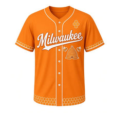 Load image into Gallery viewer, Honey Bee Hive Milwaukee Baseball Jersey in Honey Orange, front view – skep beehive with honey bees graphic and honeycomb crest, custom name and number