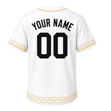 Load image into Gallery viewer, Honey Bee Hive Milwaukee Baseball Jersey in Clover White, back view with your name and number – custom block name and number with hexagon-stripe sleeves