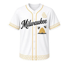 Load image into Gallery viewer, Honey Bee Hive Milwaukee Baseball Jersey in Clover White, front view – skep beehive with honey bees graphic and honeycomb crest, custom name and number