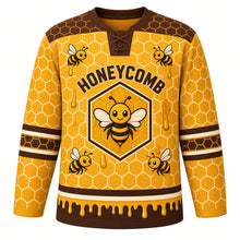 Load image into Gallery viewer, Honeycomb Bees Original Hockey Jersey in Honey Amber, front view – honeycomb pattern with friendly honeybees and hexagon crest, custom name and number