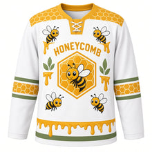 Load image into Gallery viewer, Honeycomb Bees Original Hockey Jersey in Clover White, front view – honeycomb pattern with friendly honeybees and hexagon crest, custom name and number