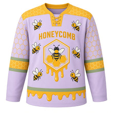 Load image into Gallery viewer, Honeycomb Bees Original Hockey Jersey in Lavender Meadow, front view – honeycomb pattern with friendly honeybees and hexagon crest, custom name and number