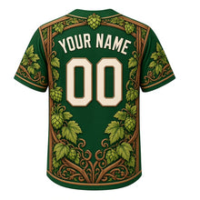 Load image into Gallery viewer, Hop Vine Trellis Milwaukee Baseball Jersey in Hop Cone Green, back view with your name and number – leafy hop-trimmed sleeves and yoke