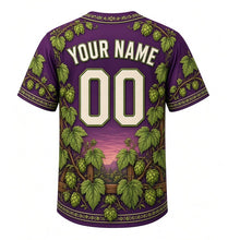 Load image into Gallery viewer, Hop Vine Trellis Milwaukee Baseball Jersey in Harvest Plum, back view with your name and number – leafy hop-trimmed sleeves and yoke