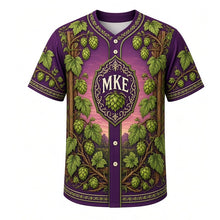 Load image into Gallery viewer, Hop Vine Trellis Milwaukee Baseball Jersey in Harvest Plum, front view – all-over hop vine and trellis pattern, custom name and number