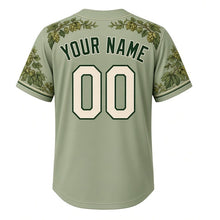 Load image into Gallery viewer, Hop Vine Trellis Milwaukee Baseball Jersey in Bine Sage, back view with your name and number – leafy hop-trimmed sleeves and yoke