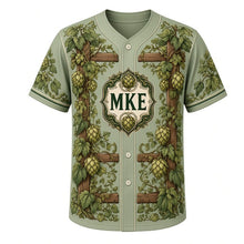 Load image into Gallery viewer, Hop Vine Trellis Milwaukee Baseball Jersey in Bine Sage, front view – all-over hop vine and trellis pattern, custom name and number