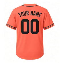 Load image into Gallery viewer, Hot Air Balloon Milwaukee Baseball Jersey in Sunrise Coral, back view with your name and number – custom block name and number with zigzag-stripe sleeves