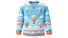 Load image into Gallery viewer, Hot Air Balloon Skies Original Hockey Jersey in Sky Blue, front view – colorful striped hot air balloons floating through a bright sky with balloon crest, custom name and number