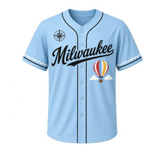 Load image into Gallery viewer, Hot Air Balloon Milwaukee Baseball Jersey in Morning Sky Blue, front view – striped hot air balloon and clouds graphic with compass-rose crest, custom name and number