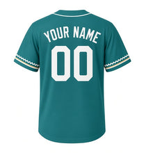Load image into Gallery viewer, Hot Air Balloon Milwaukee Baseball Jersey in Lake Breeze Teal, back view with your name and number – custom block name and number with zigzag-stripe sleeves