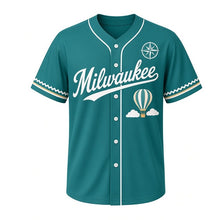 Load image into Gallery viewer, Hot Air Balloon Milwaukee Baseball Jersey in Lake Breeze Teal, front view – striped hot air balloon and clouds graphic with compass-rose crest, custom name and number