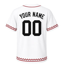 Load image into Gallery viewer, Hot Air Balloon Milwaukee Baseball Jersey in Cloud White, back view with your name and number – custom block name and number with zigzag-stripe sleeves