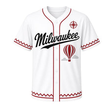 Load image into Gallery viewer, Hot Air Balloon Milwaukee Baseball Jersey in Cloud White, front view – striped hot air balloon and clouds graphic with compass-rose crest, custom name and number