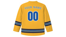 Load image into Gallery viewer, Human Rights Day Original Hockey Jersey in Sunrise Gold, back view with your name and number