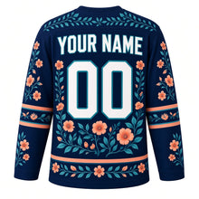 Load image into Gallery viewer, Hummingbird Garden Original Hockey Jersey in Twilight Indigo, back view with your name and number – leaf-pattern yoke and flower-and-leaf hem stripes