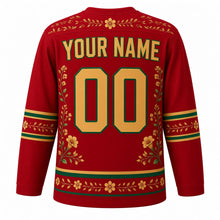 Load image into Gallery viewer, Hummingbird Garden Original Hockey Jersey in Ruby Throat, back view with your name and number – leaf-pattern yoke and flower-and-leaf hem stripes