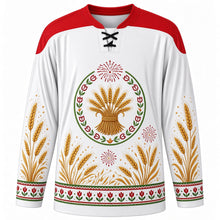 Load image into Gallery viewer, Hungarian State Foundation Day Original Hockey Jersey in White, front view with themed artwork and clean crest