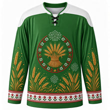 Load image into Gallery viewer, Hungarian State Foundation Day Original Hockey Jersey in Meadow Green, front view with themed artwork and clean crest
