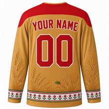 Load image into Gallery viewer, Hungarian State Foundation Day Original Hockey Jersey in Wheat Gold, back view with custom YOUR NAME and 00