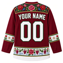 Load image into Gallery viewer, Hungary Original Hockey Jersey in Danube Burgundy, back view with your name and number – Matyó rose embroidery yoke, Kalocsa flower-and-paprika sleeve bands and grapevine hem, detailed artwork