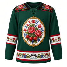Load image into Gallery viewer, Hungary Original Hockey Jersey in Puszta Green, front view – hand-painted porcelain-style crest of a Matyó and Kalocsa flower bouquet with paprika, ornate Matyó embroidery yoke, detailed artwork, custom name and number