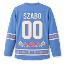 Load image into Gallery viewer, Hungary Paprika Embroidery Original Hockey Jersey in Kalocsa Blue, back view with your name and number