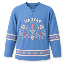 Load image into Gallery viewer, Hungary Paprika Embroidery Original Hockey Jersey in Kalocsa Blue, front view – custom name and number