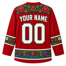 Load image into Gallery viewer, Hungary Original Hockey Jersey in Paprika Red, back view with your name and number – Matyó rose embroidery yoke, Kalocsa flower-and-paprika sleeve bands and grapevine hem, detailed artwork