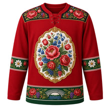 Load image into Gallery viewer, Hungary Original Hockey Jersey in Paprika Red, front view – hand-painted porcelain-style crest of a Matyó and Kalocsa flower bouquet with paprika, ornate Matyó embroidery yoke, detailed artwork, custom name and number