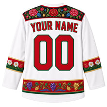 Load image into Gallery viewer, Hungary Original Hockey Jersey in Porcelain White, back view with your name and number – Matyó rose embroidery yoke, Kalocsa flower-and-paprika sleeve bands and grapevine hem, detailed artwork