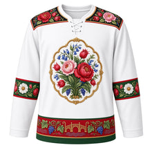 Load image into Gallery viewer, Hungary Original Hockey Jersey in Porcelain White, front view – hand-painted porcelain-style crest of a Matyó and Kalocsa flower bouquet with paprika, ornate Matyó embroidery yoke, detailed artwork, custom name and number
