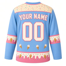 Load image into Gallery viewer, Ice Cream Sundae Parlor Original Hockey Jersey in Blueberry Scoop, back view with your name and number – sprinkle yoke and drip-edge sleeve bands