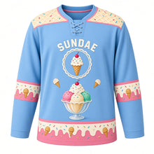 Load image into Gallery viewer, Ice Cream Sundae Parlor Original Hockey Jersey in Blueberry Scoop, front view – ice cream sundae with sprinkles and a cherry with ice cream cone crest, custom name and number