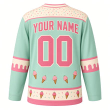 Load image into Gallery viewer, Ice Cream Sundae Parlor Original Hockey Jersey in Mint Chip, back view with your name and number – sprinkle yoke and drip-edge sleeve bands