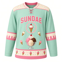 Load image into Gallery viewer, Ice Cream Sundae Parlor Original Hockey Jersey in Mint Chip, front view – ice cream sundae with sprinkles and a cherry with ice cream cone crest, custom name and number