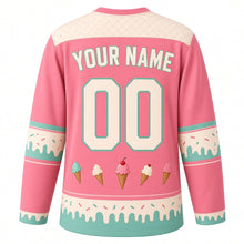 Load image into Gallery viewer, Ice Cream Sundae Parlor Original Hockey Jersey in Strawberry Swirl, back view with your name and number – sprinkle yoke and drip-edge sleeve bands