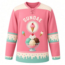 Load image into Gallery viewer, Ice Cream Sundae Parlor Original Hockey Jersey in Strawberry Swirl, front view – ice cream sundae with sprinkles and a cherry with ice cream cone crest, custom name and number