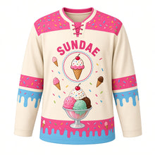 Load image into Gallery viewer, Ice Cream Sundae Parlor Original Hockey Jersey in Vanilla Bean, front view – ice cream sundae with sprinkles and a cherry with ice cream cone crest, custom name and number