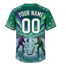 Load image into Gallery viewer, Ice Fishing Shanty Milwaukee Baseball Jersey in Aurora Green, back view with your name and number – snowflake and ice-crack sleeve pattern