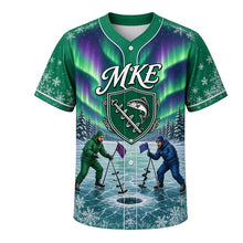 Load image into Gallery viewer, Ice Fishing Shanty Milwaukee Baseball Jersey in Aurora Green, front view – painted ice-fishing shanties, tip-ups and northern lights, custom name and number