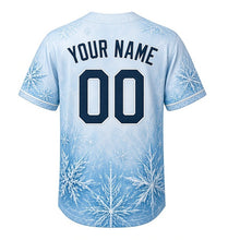 Load image into Gallery viewer, Ice Fishing Shanty Milwaukee Baseball Jersey in Frozen Lake Blue, back view with your name and number – snowflake and ice-crack sleeve pattern