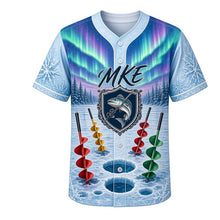 Load image into Gallery viewer, Ice Fishing Shanty Milwaukee Baseball Jersey in Frozen Lake Blue, front view – painted ice-fishing shanties, tip-ups and northern lights, custom name and number