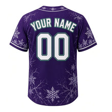 Load image into Gallery viewer, Ice Fishing Shanty Milwaukee Baseball Jersey in Polar Night Purple, back view with your name and number – snowflake and ice-crack sleeve pattern