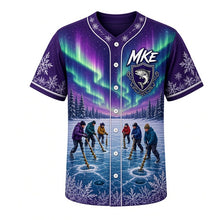 Load image into Gallery viewer, Ice Fishing Shanty Milwaukee Baseball Jersey in Polar Night Purple, front view – painted ice-fishing shanties, tip-ups and northern lights, custom name and number
