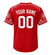 Load image into Gallery viewer, Ice Fishing Shanty Milwaukee Baseball Jersey in Shanty Red, back view with your name and number – snowflake and ice-crack sleeve pattern