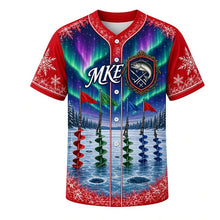 Load image into Gallery viewer, Ice Fishing Shanty Milwaukee Baseball Jersey in Shanty Red, front view – painted ice-fishing shanties, tip-ups and northern lights, custom name and number