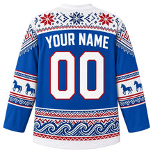 Load image into Gallery viewer, Iceland Original Hockey Jersey in Fjord Blue, back view with your name and number – lopapeysa knit-pattern yoke, Icelandic horse sleeve bands and basalt-column hem, detailed artwork